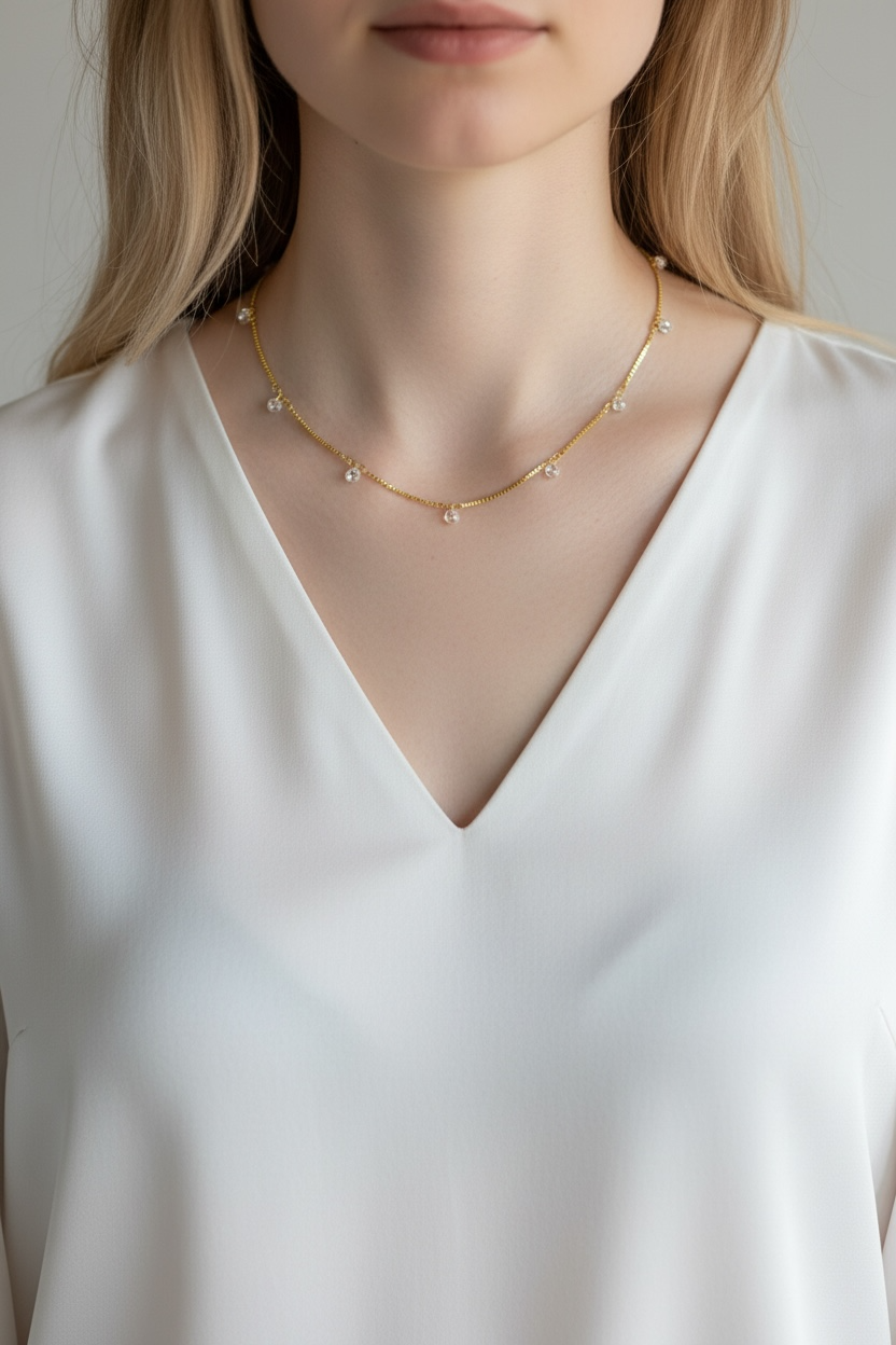 Mondsee 18k Gold Filled Box Chain & Dangling CZ Stones Necklace | 18k Gold Filled Jewelry