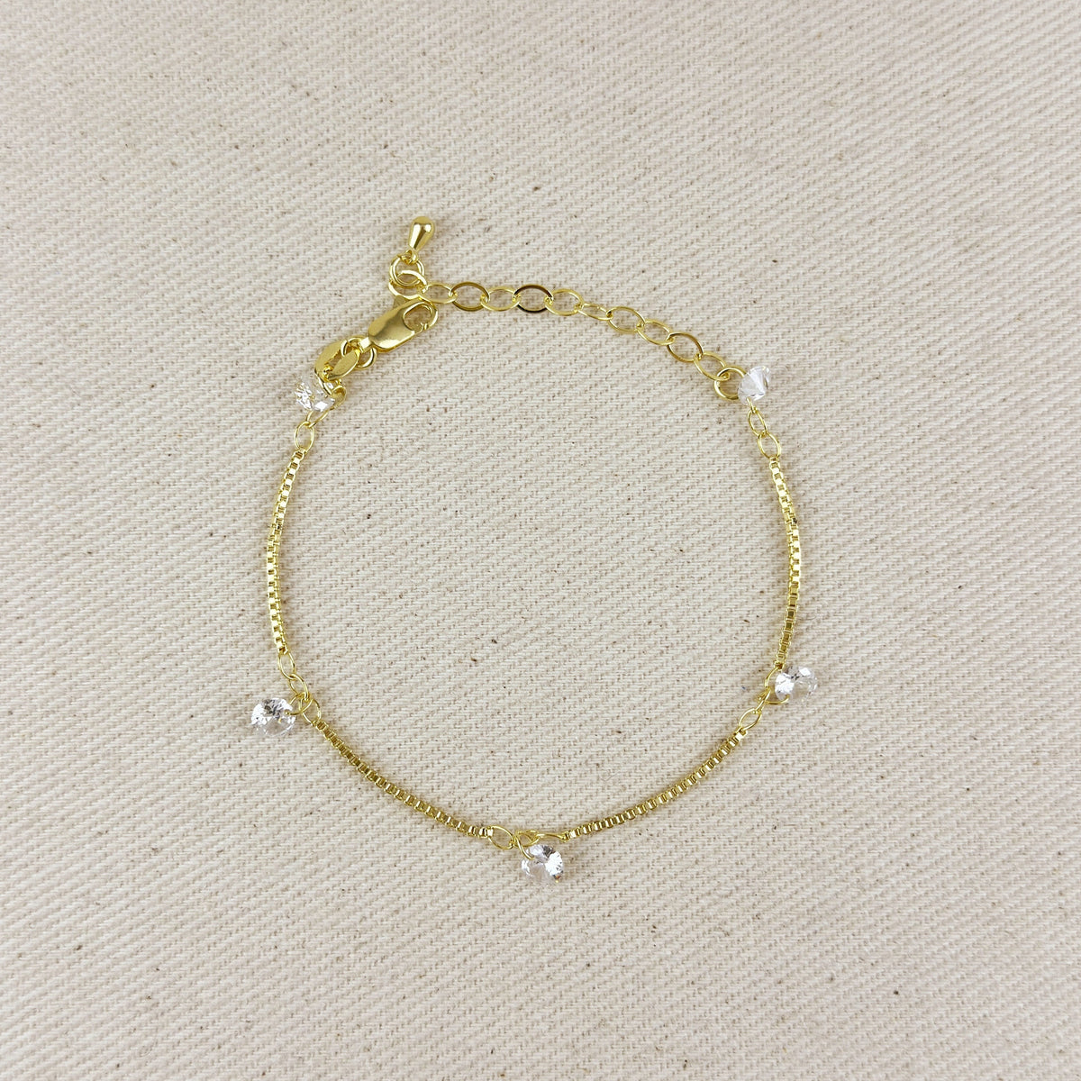 18K Gold Filled Box Chain & CZ Stones Bracelet