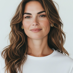 Woman with long wavy hair wearing a white t-shirt against a plain background
