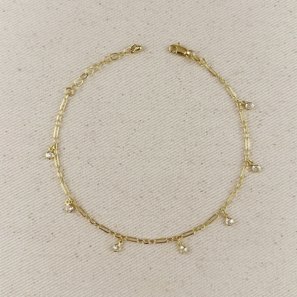 Mondsee 18k Gold Filled Paperclip Chain with Bezel CZ Drops Anklet | 18k Gold Filled Jewelry