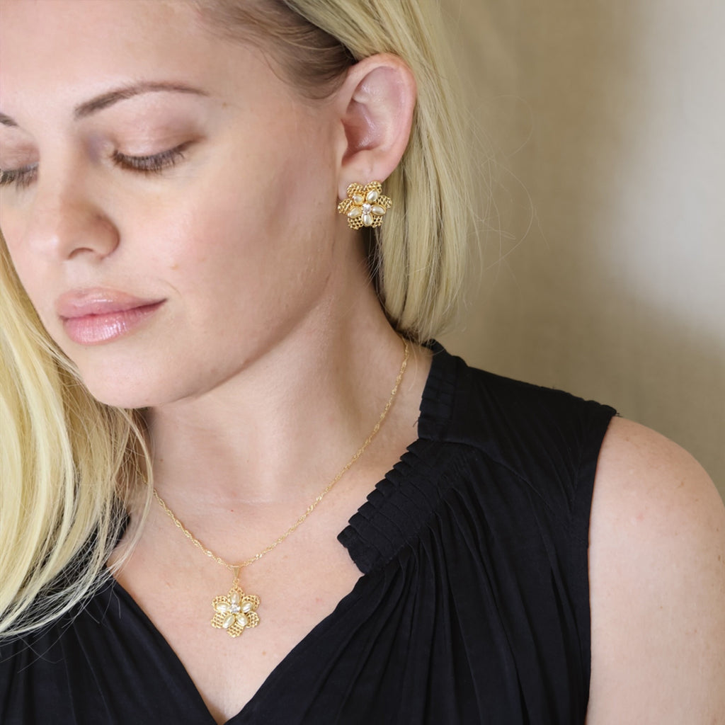 Mondsee 18k Gold Filled Mesh Flower Necklace and Earring Set | 18k Gold Filled Jewelry