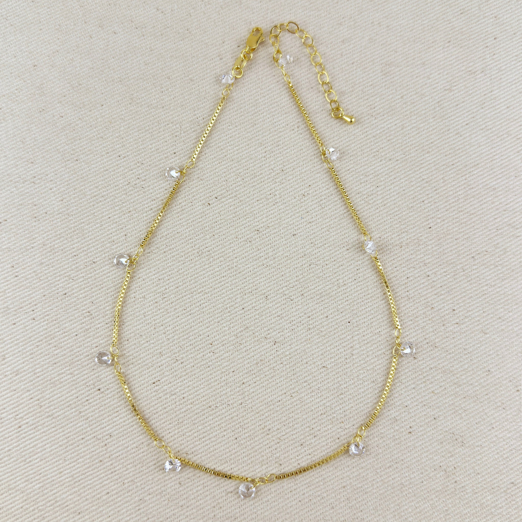 Mondsee 18k Gold Filled Box Chain & Dangling CZ Stones Necklace | 18k Gold Filled Jewelry