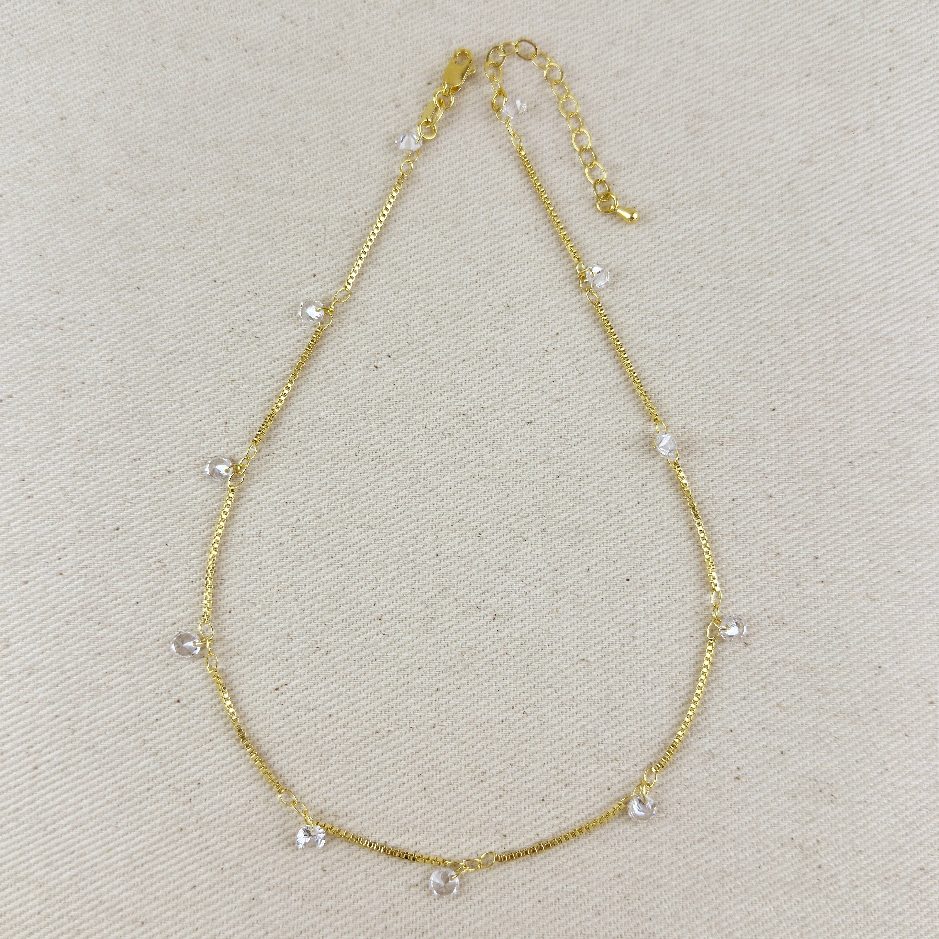 Mondsee 18k Gold Filled Box Chain & Dangling CZ Stones Necklace | 18k Gold Filled Jewelry