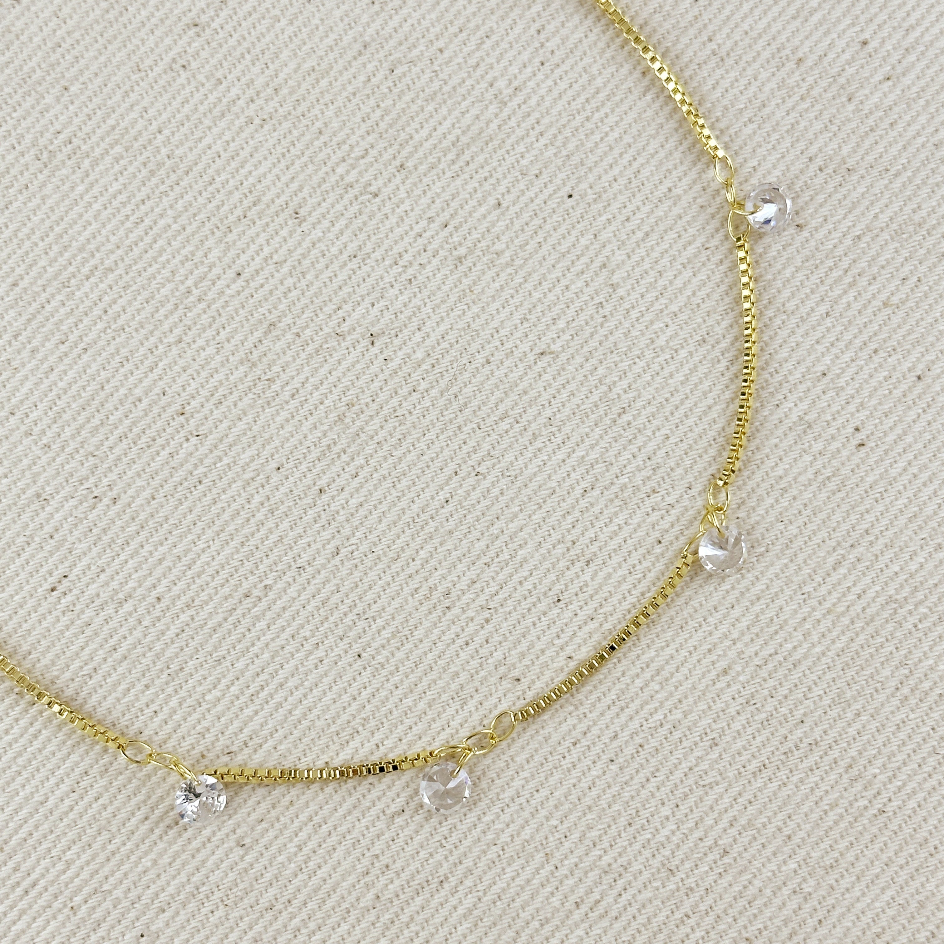 Mondsee 18k Gold Filled Box Chain & Dangling CZ Stones Necklace | 18k Gold Filled Jewelry