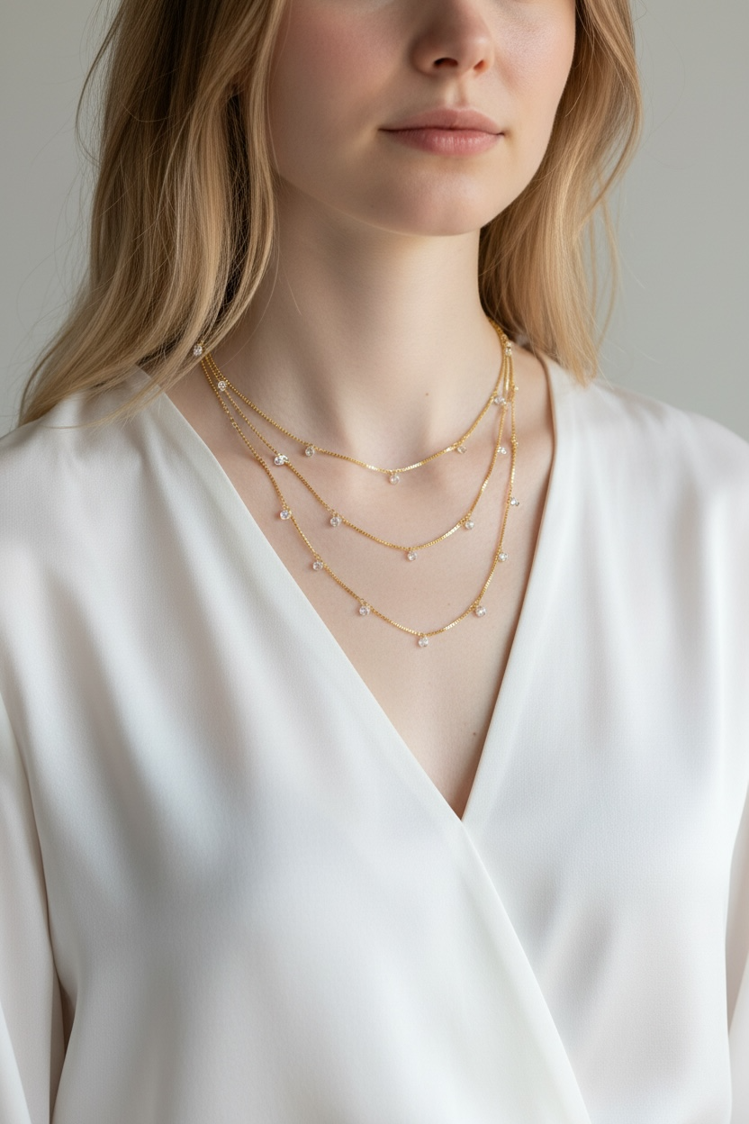 Mondsee 18k Gold Filled Box Chain & Dangling CZ Stones Necklace | 18k Gold Filled Jewelry