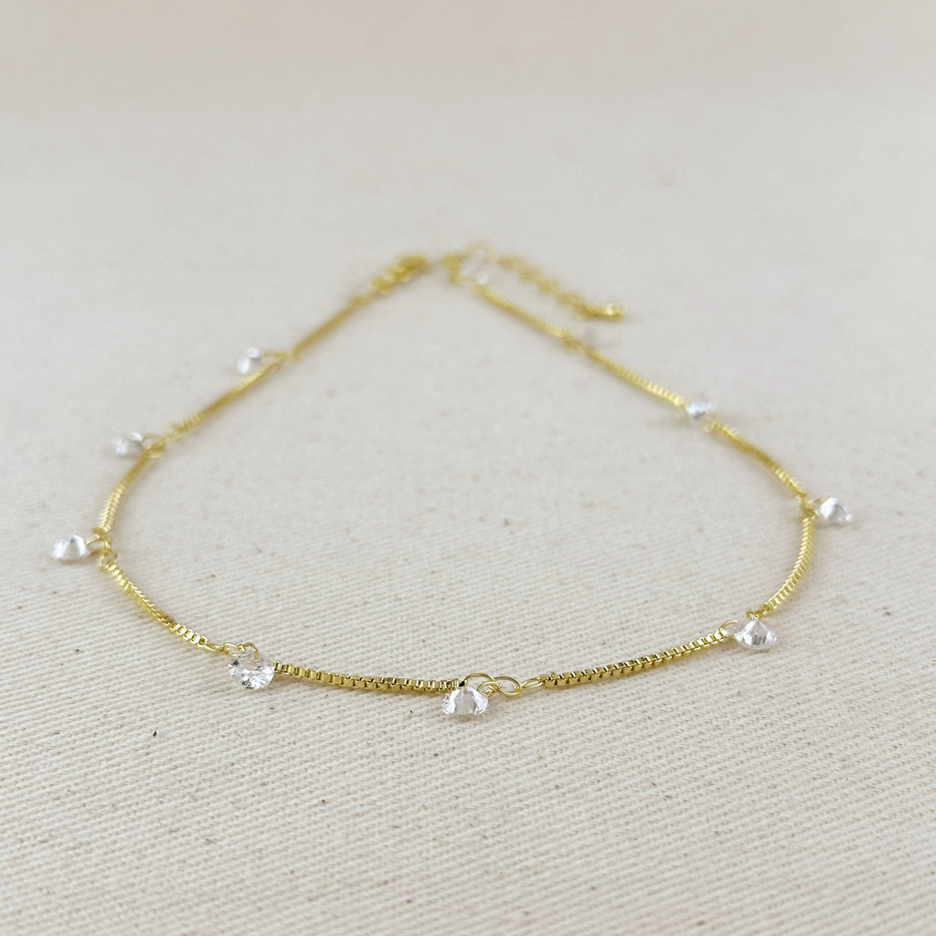 Mondsee 18k Gold Filled Box Chain & Dangling CZ Stones Necklace | 18k Gold Filled Jewelry