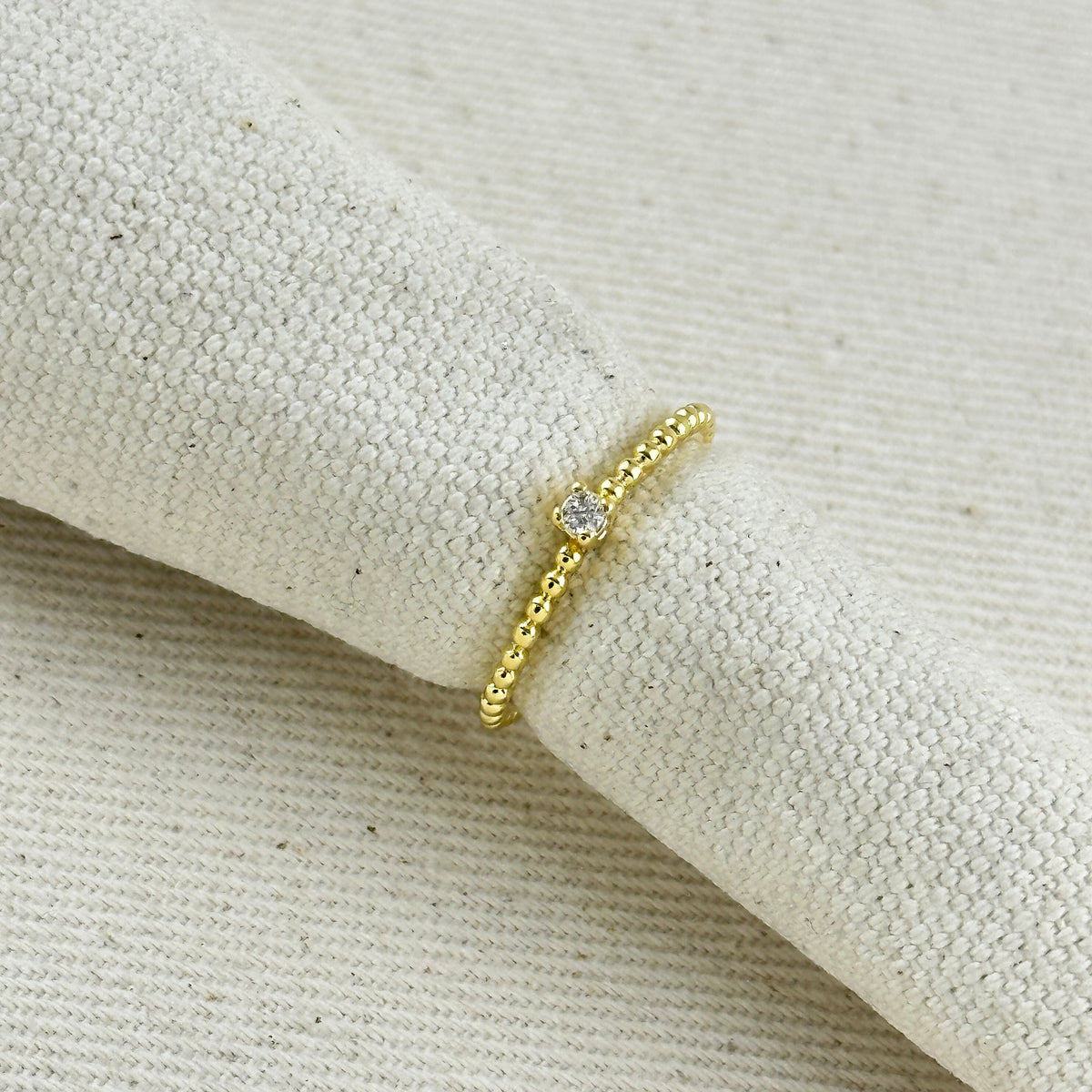 18K Gold Filled Beaded Ring with Single CZ Stone