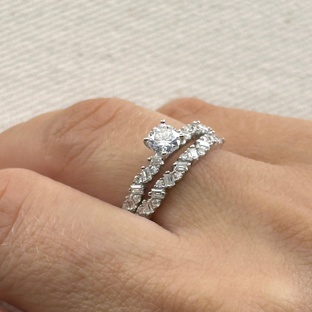 .925 Sterling Silver Rhodium Plated Moissanite Engagement Set Ring