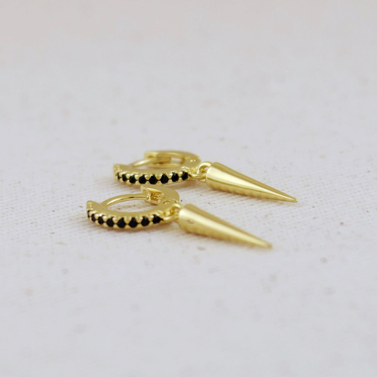 18k Gold Filled Black CZ Hoop Earrings With Spike Drop