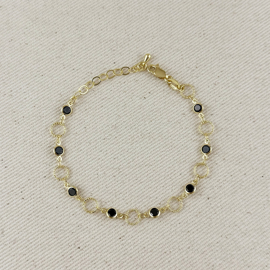18k Gold Filled Black Bezel CZ & Circles Bracelet
