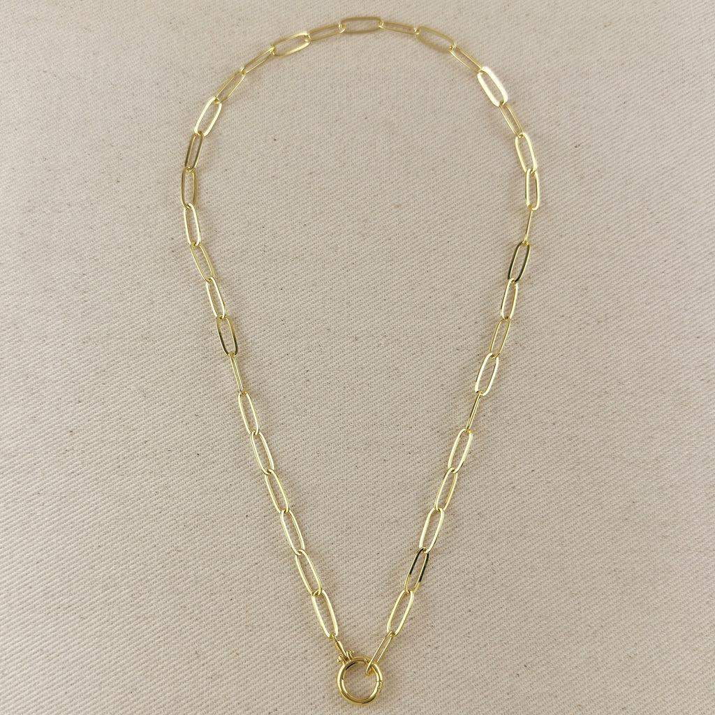 18k Gold Filled Paperclip Chain With Round Clicker Clasp Necklace
