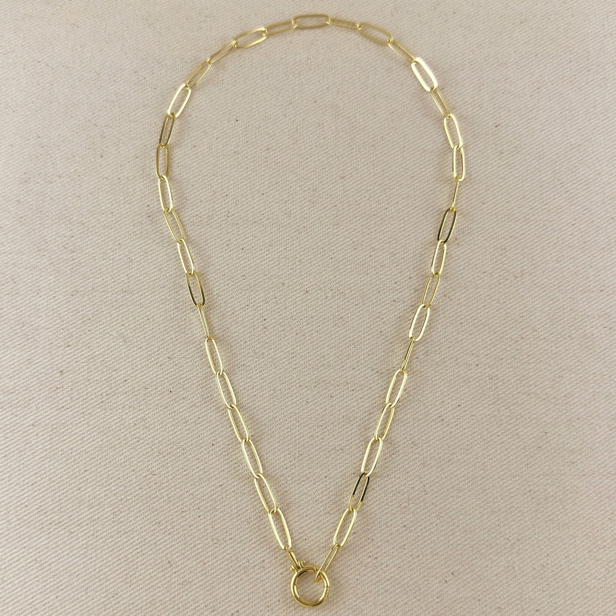 18k Gold Filled Paperclip Chain With Round Clicker Clasp Necklace