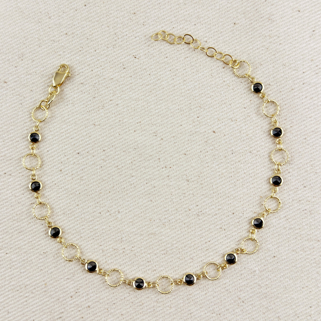 Mondsee 18k Gold Filled Black Bezel CZ & Circles Anklet | 18k Gold Filled Jewelry