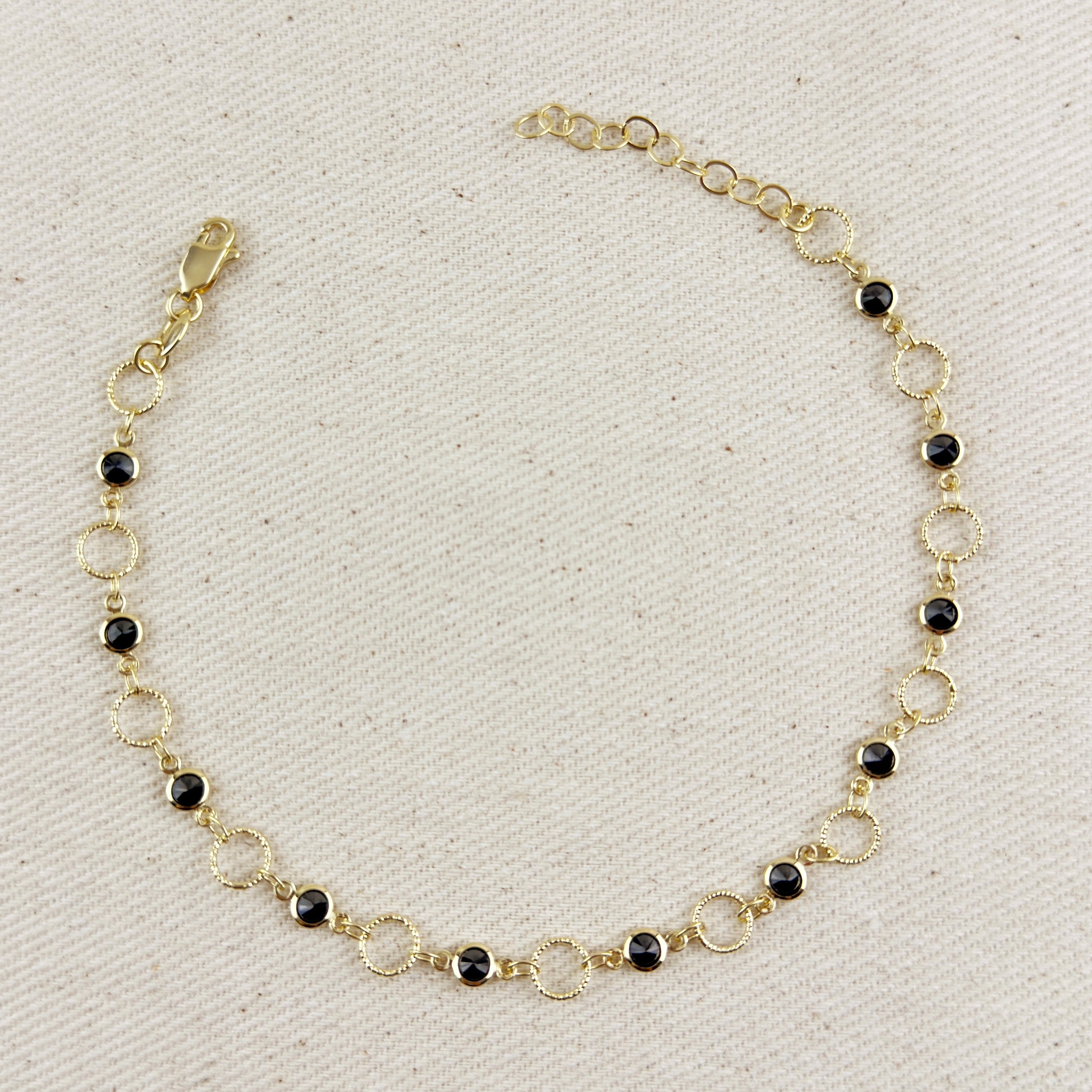 Mondsee 18k Gold Filled Black Bezel CZ & Circles Anklet | 18k Gold Filled Jewelry