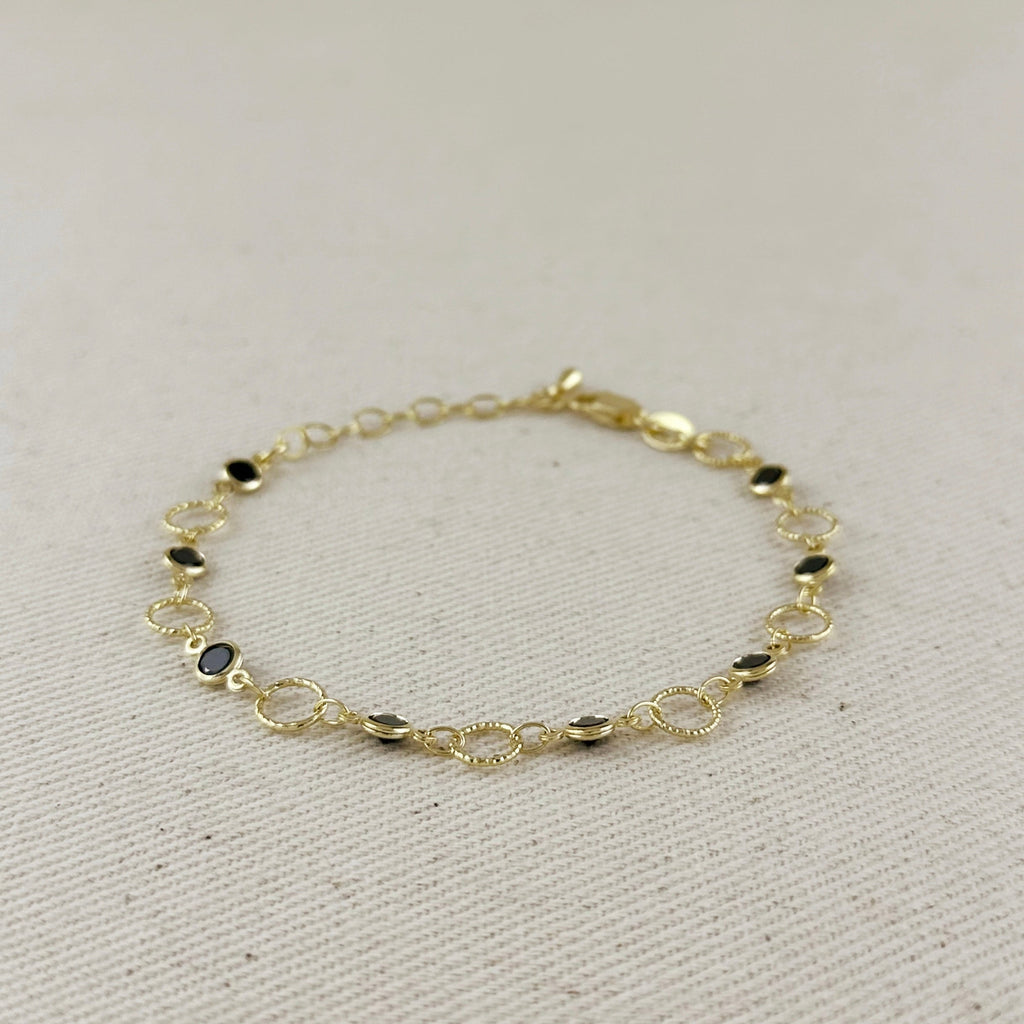 18k Gold Filled Black Bezel CZ & Circles Bracelet
