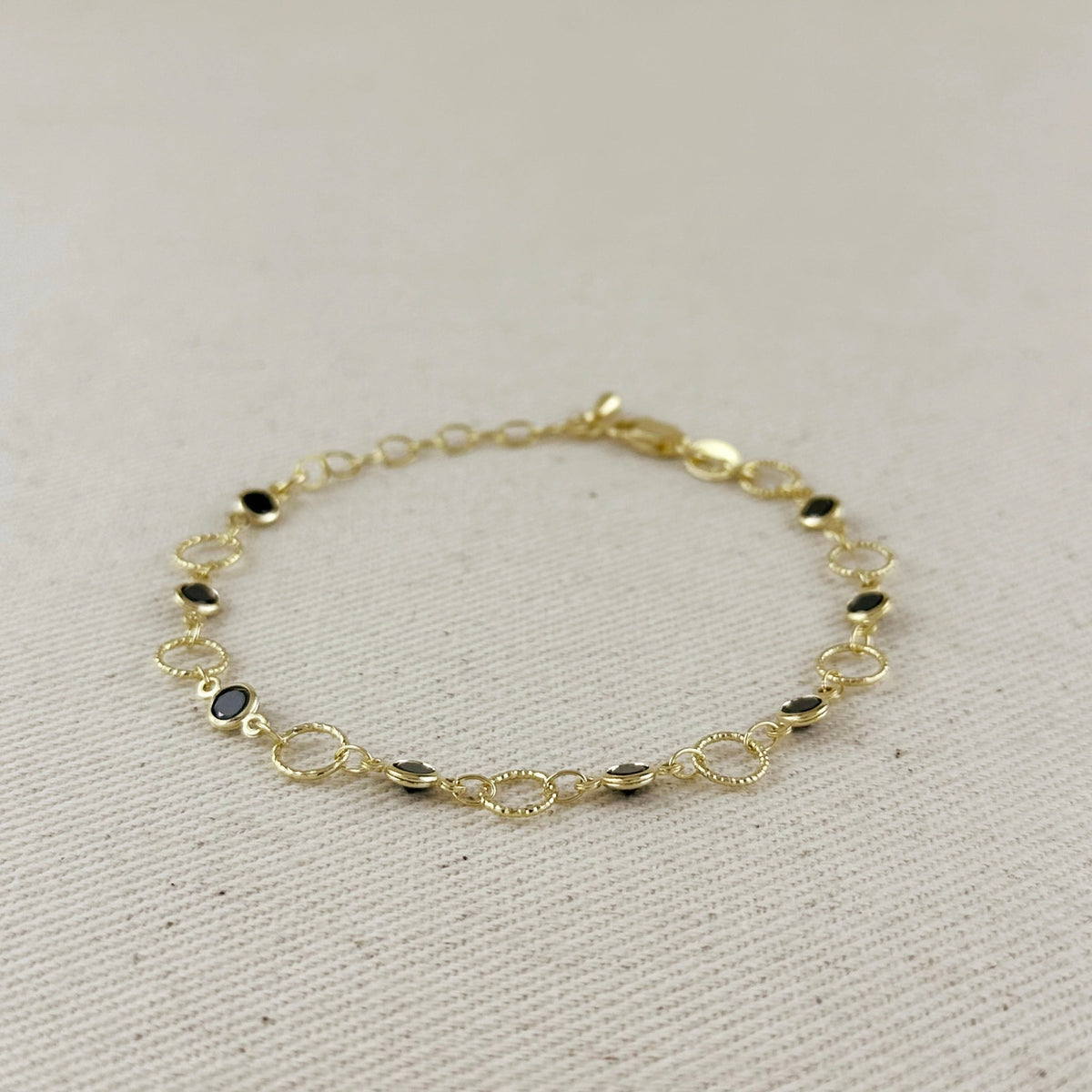 18k Gold Filled Black Bezel CZ & Circles Bracelet