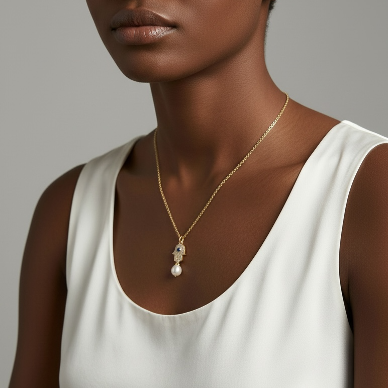 18k Gold Filled Hamsa Pearl Necklace