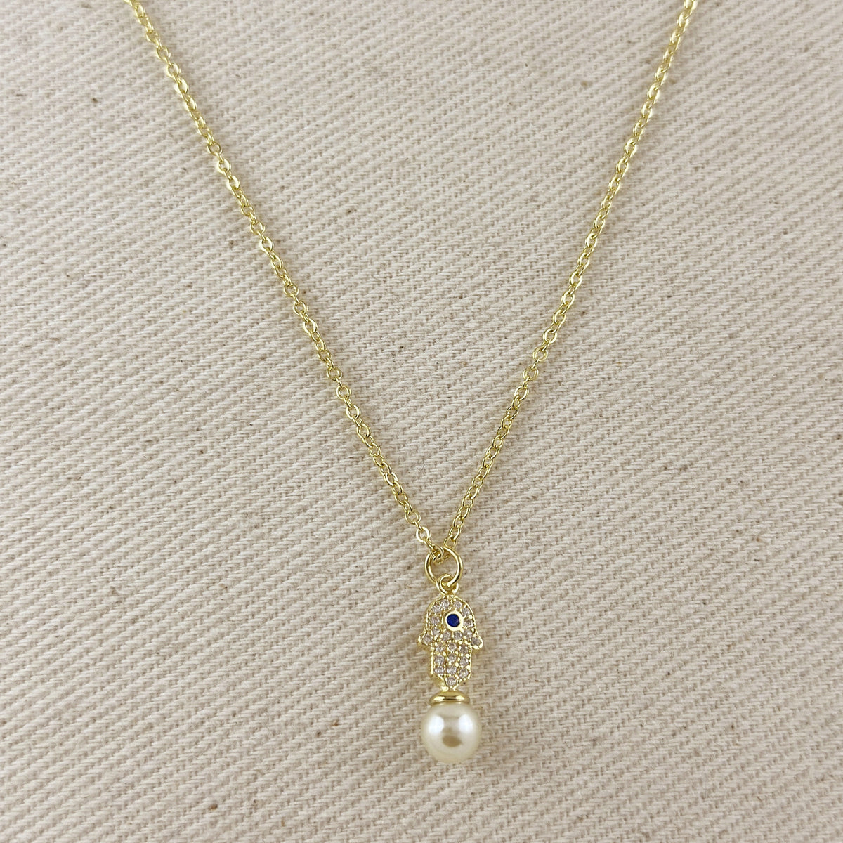 18k Gold Filled Hamsa Pearl Necklace