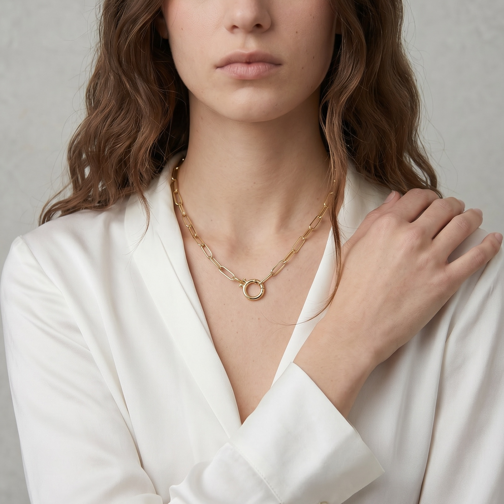 18k Gold Filled Paperclip Chain With Round Clicker Clasp Necklace