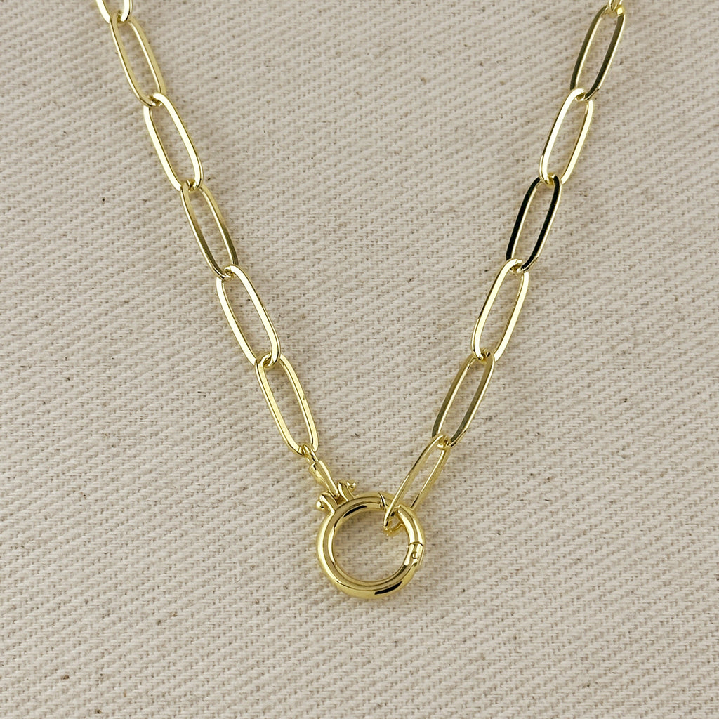18k Gold Filled Paperclip Chain With Round Clicker Clasp Necklace