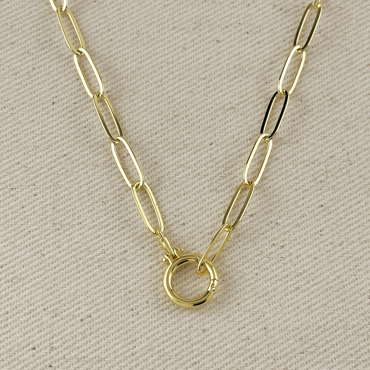 18k Gold Filled Paperclip Chain With Round Clicker Clasp Necklace