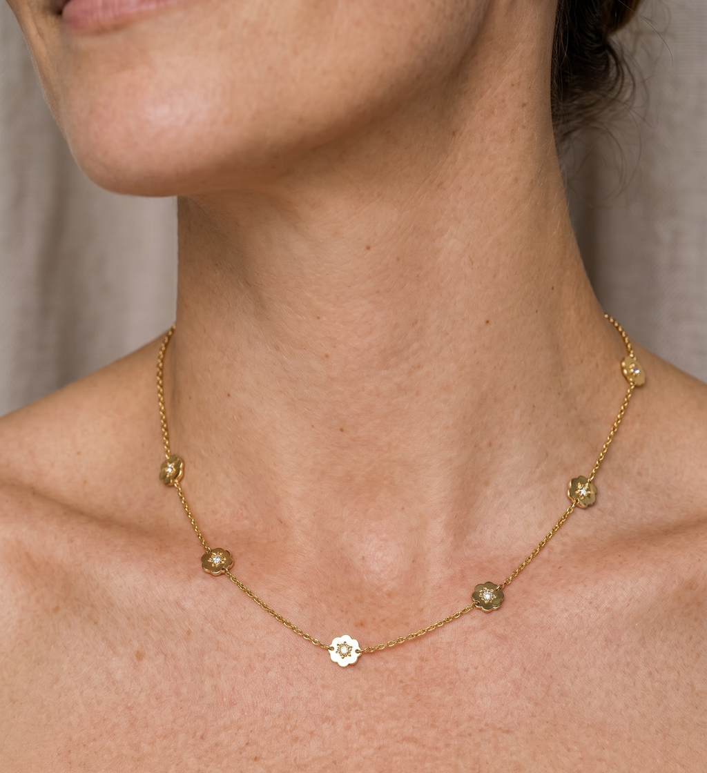 Gold necklace with a central pendant on a person's neck against a neutral background