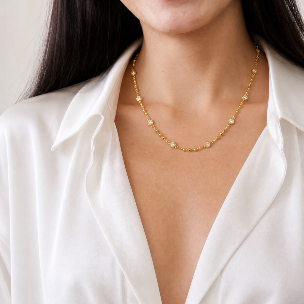 18k Gold Filled Beaded Bezel CZ Necklace