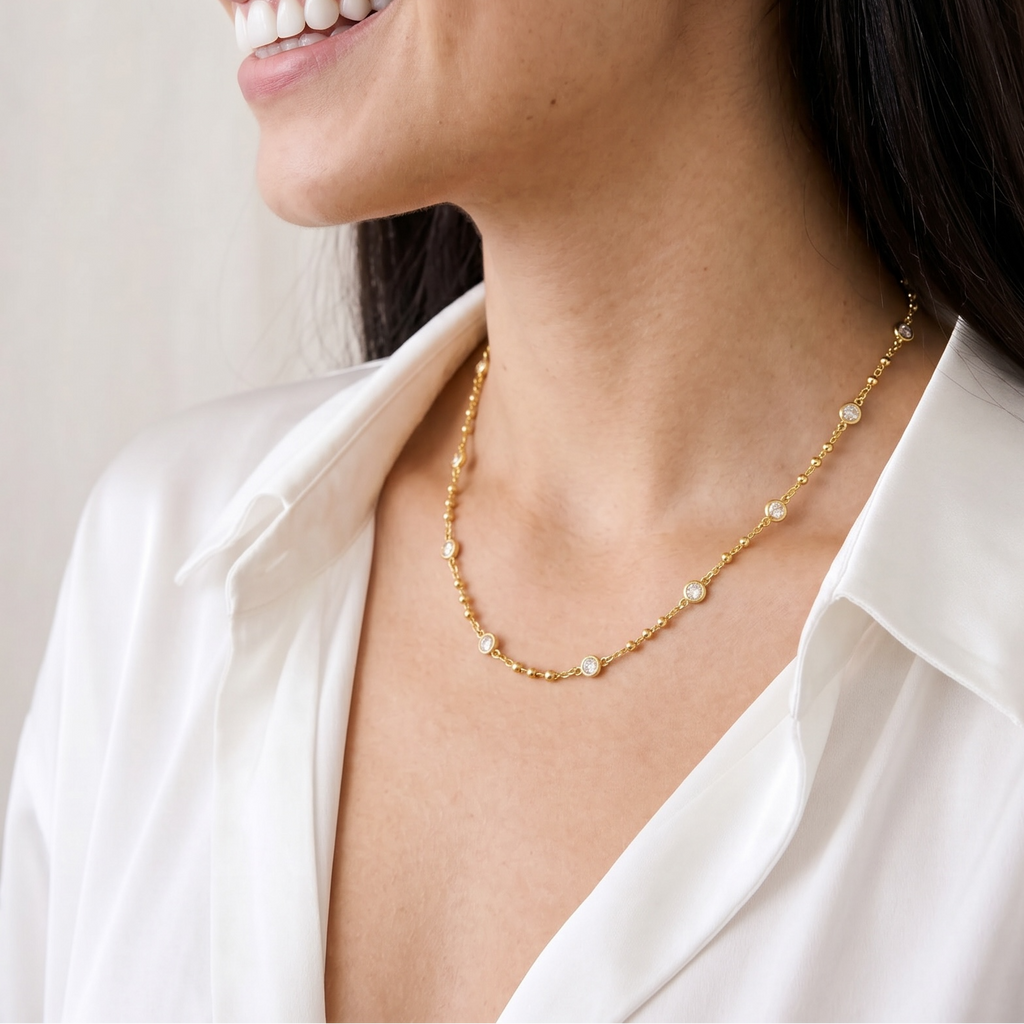 18k Gold Filled Beaded Bezel CZ Necklace