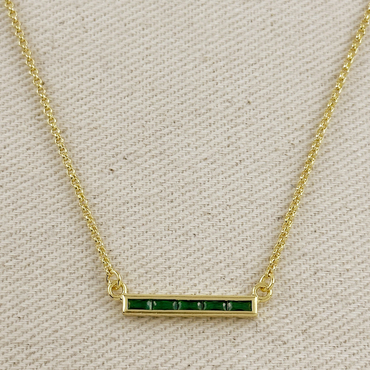 18k Gold Filled CZ Bar Necklace – Emerald