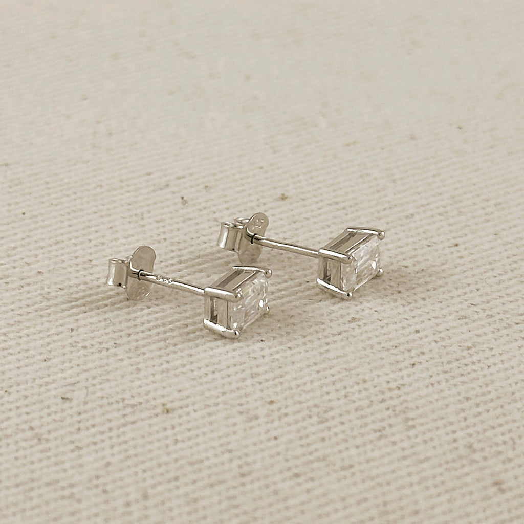 .925 Sterling Silver Rhodium Plated Moissanite Baguette Stud Earrings
