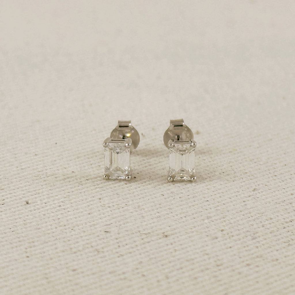 .925 Sterling Silver Rhodium Plated Moissanite Baguette Stud Earrings