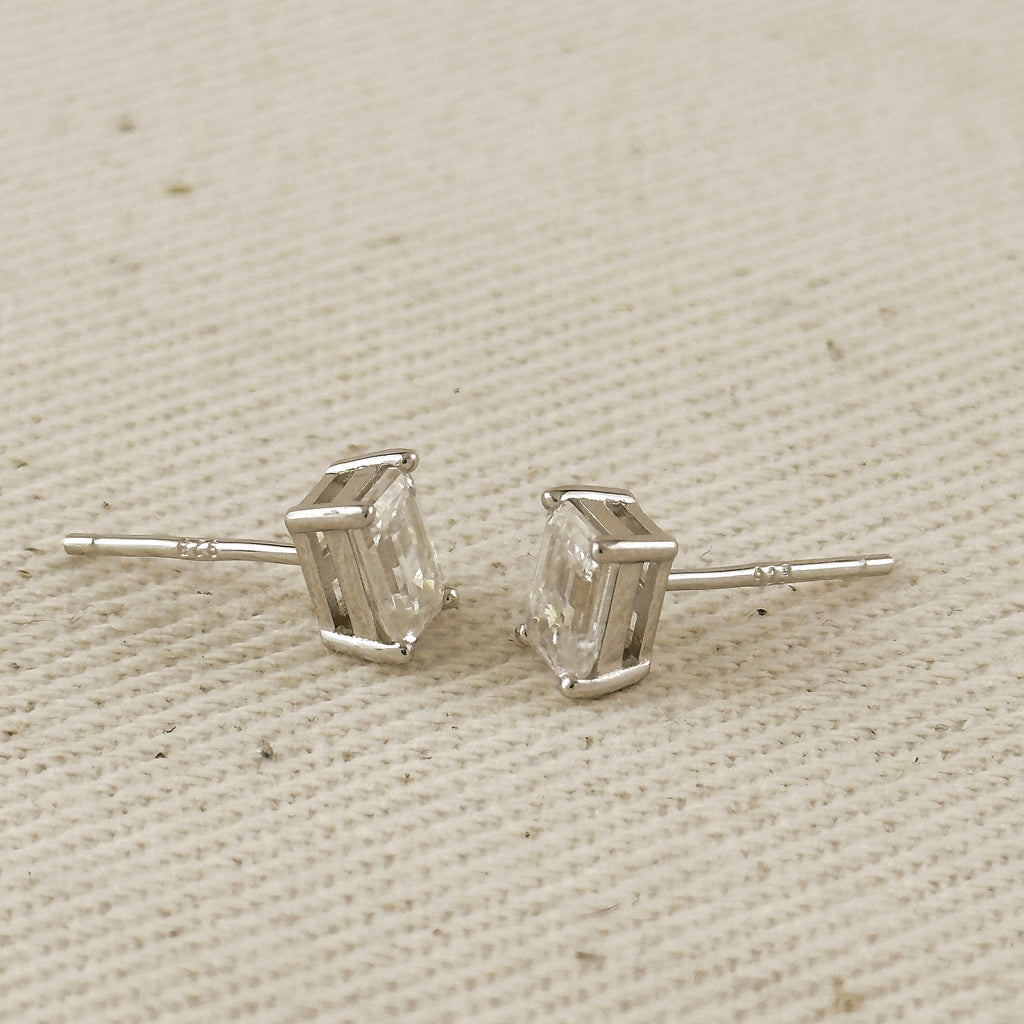.925 Sterling Silver Rhodium Plated Moissanite Baguette Stud Earrings