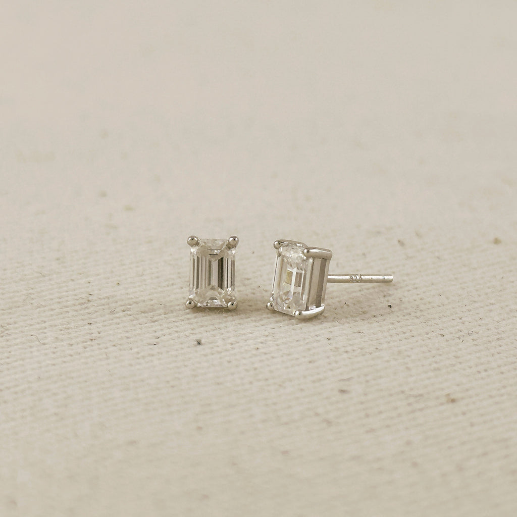 .925 Sterling Silver Rhodium Plated Moissanite Baguette Stud Earrings