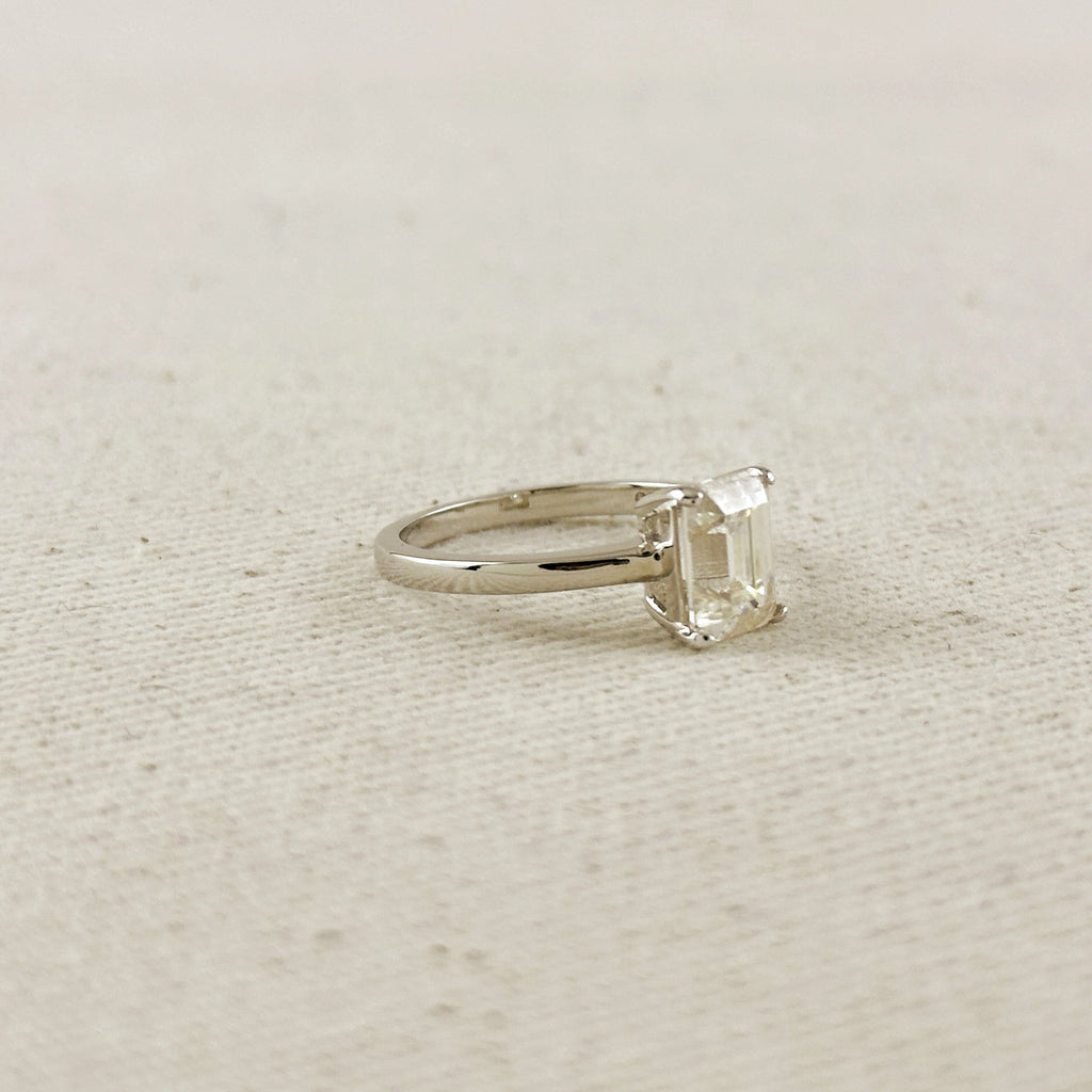 .925 Sterling Silver Rhodium Plated Moissanite Baguette Solitaire Ring