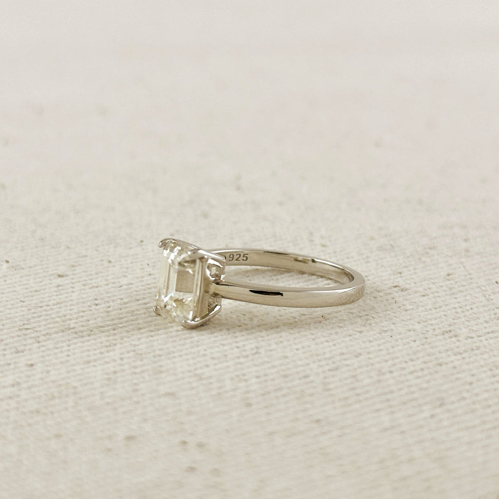 .925 Sterling Silver Rhodium Plated Moissanite Baguette Solitaire Ring