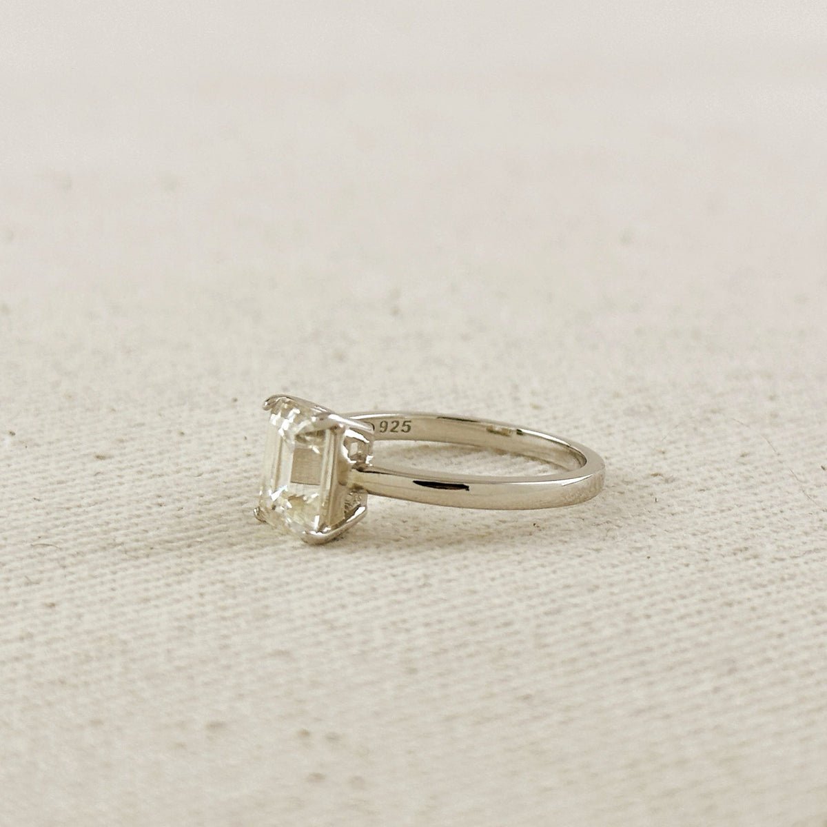 .925 Sterling Silver Rhodium Plated Moissanite Baguette Solitaire Ring