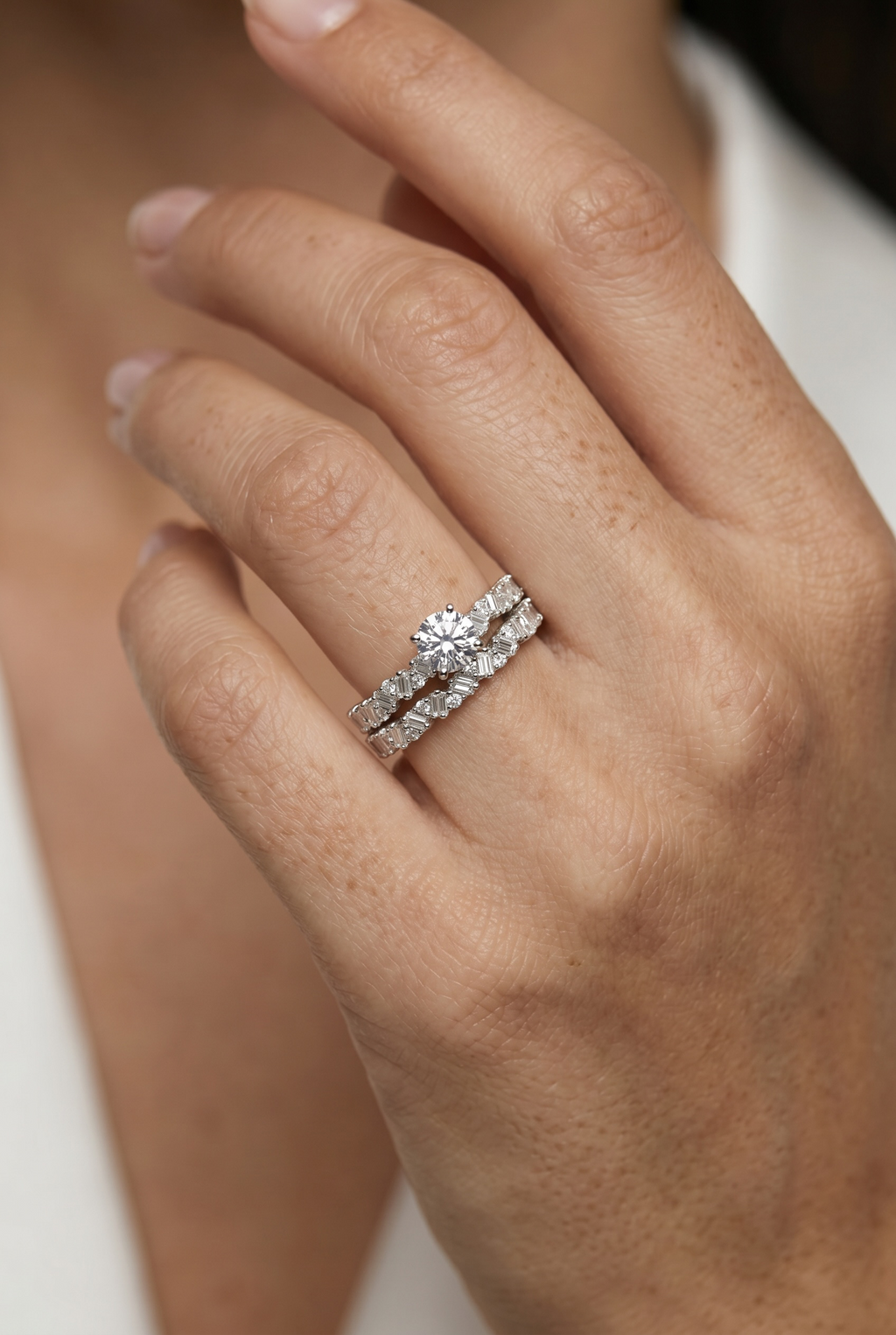 .925 Sterling Silver Rhodium Plated Moissanite Engagement Set Ring