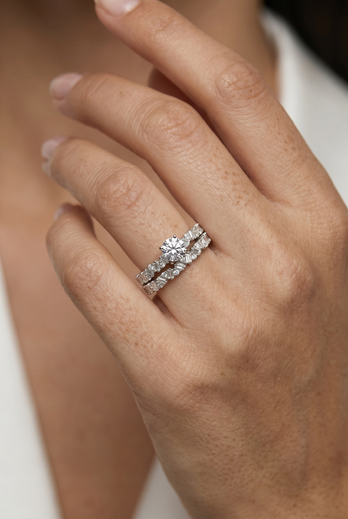 .925 Sterling Silver Rhodium Plated Moissanite Engagement Set Ring