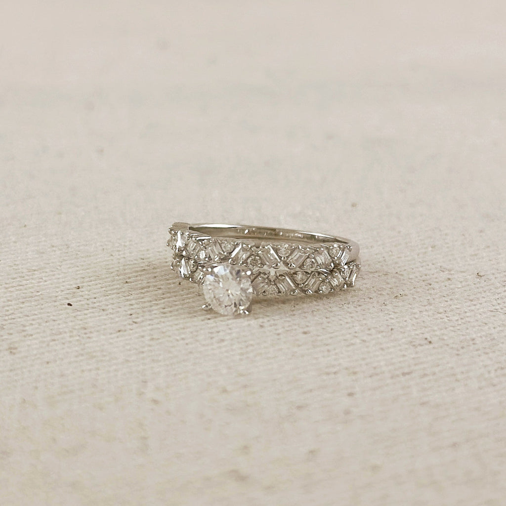 .925 Sterling Silver Rhodium Plated Moissanite Engagement Set Ring