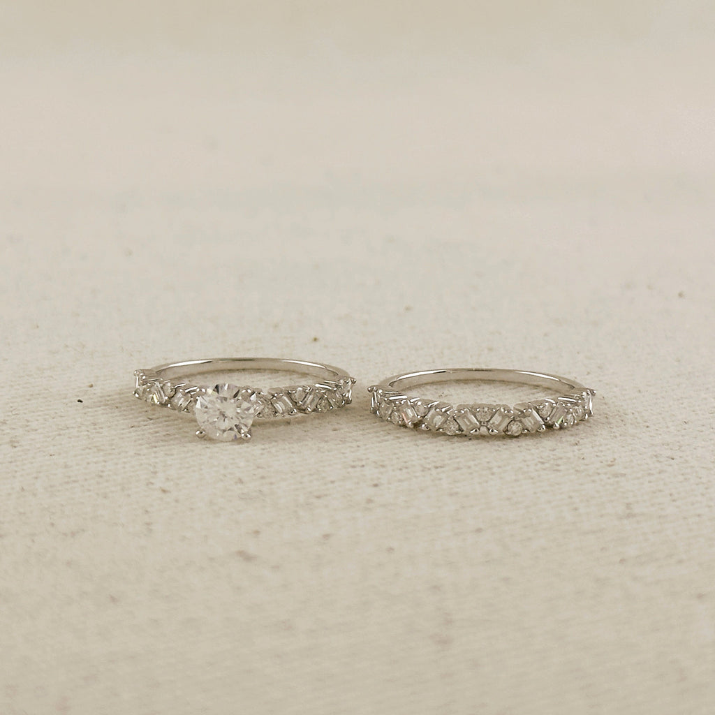 .925 Sterling Silver Rhodium Plated Moissanite Engagement Set Ring