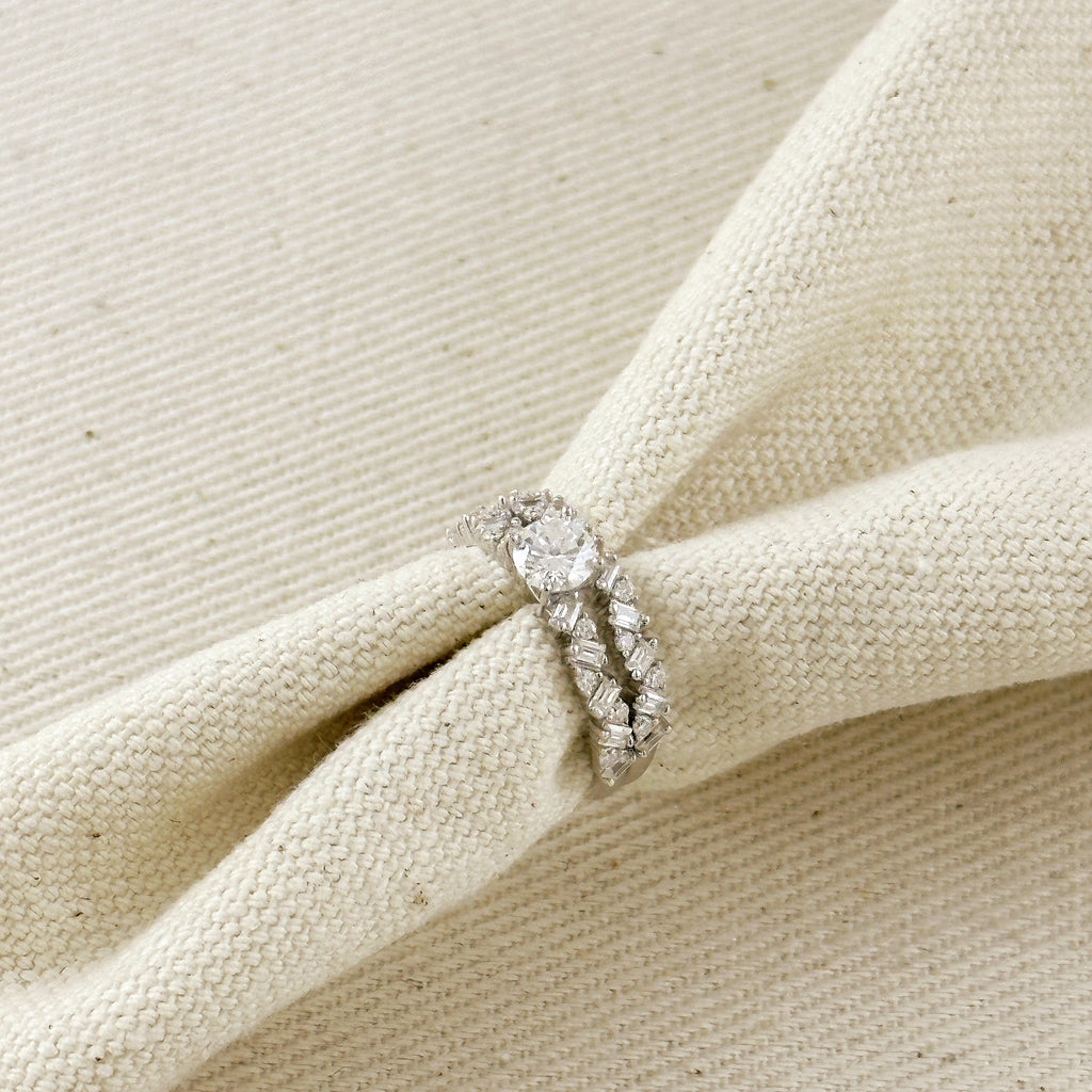 .925 Sterling Silver Rhodium Plated Moissanite Engagement Set Ring