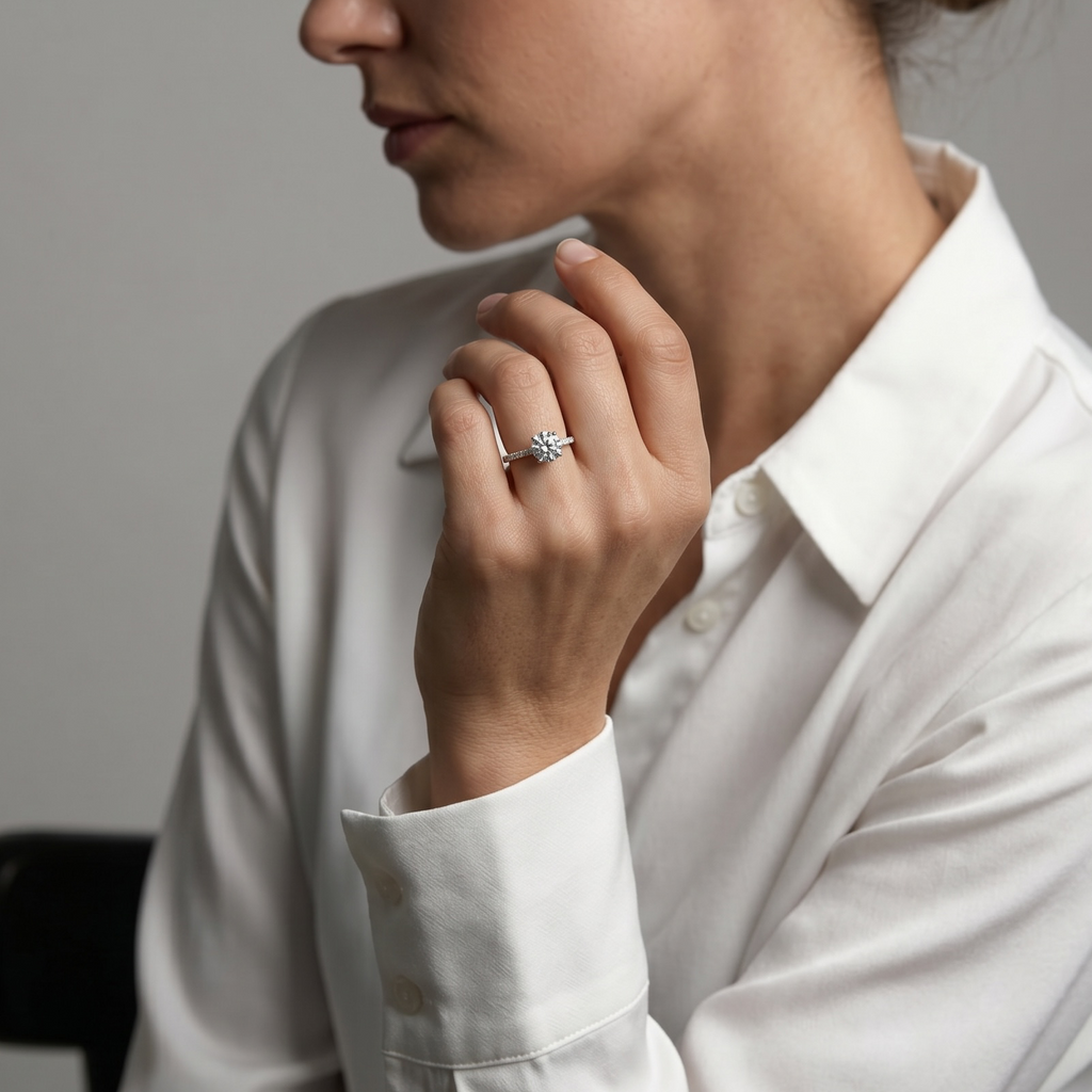 A woman in a white collared shirt wearing a delicate silver ring with small clear stones on her finger, captured in a close-up portrait against a soft gray background.