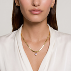 A close-up of a model wearing a delicate gold chain necklace with a small heart-shaped crystal pendant, paired with matching gold hoop earrings and a white satin blouse.