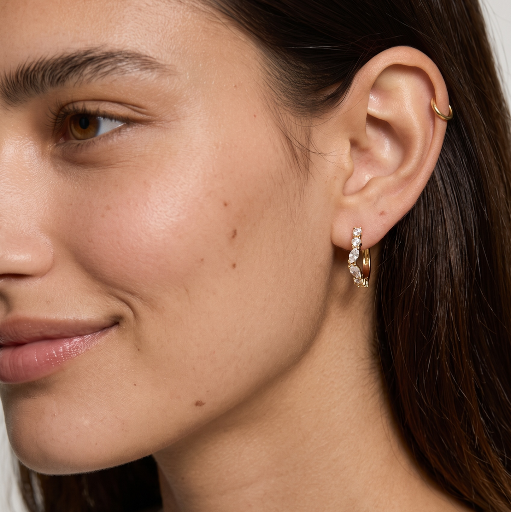 18k Gold Filled Curved Mixed CZ C- Hoop Earrings