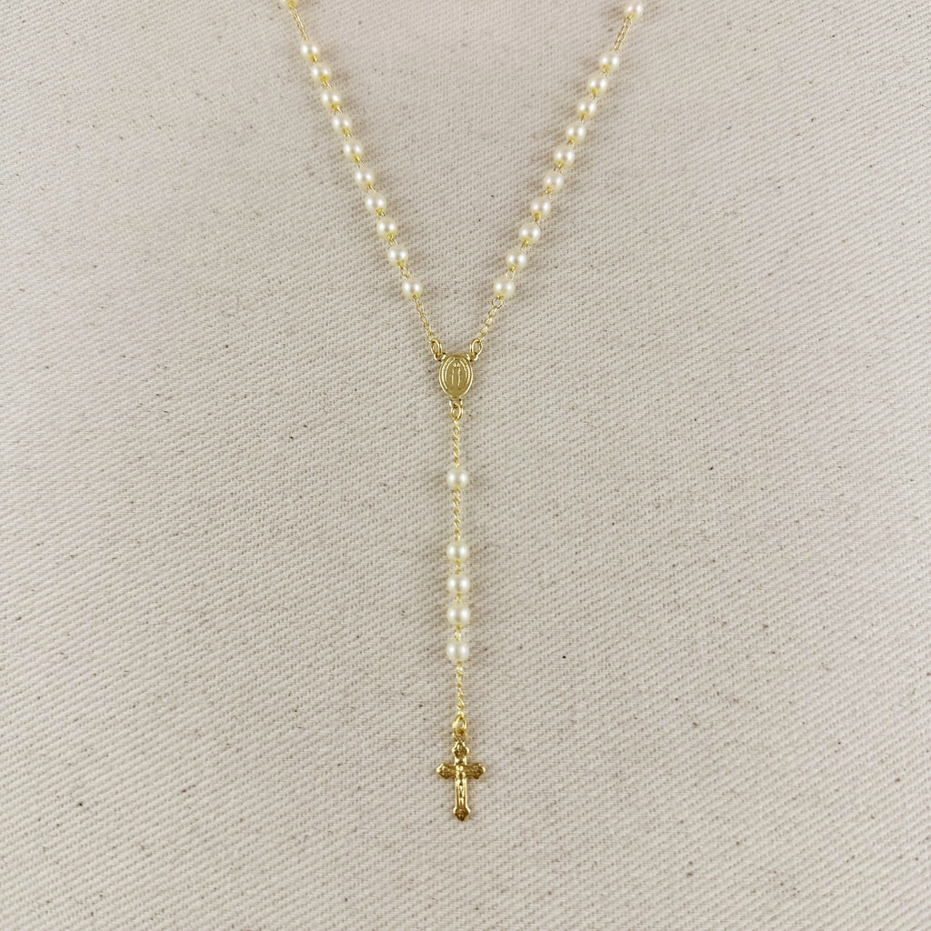 18k Gold Filled Our Lady of Graces Pearl Rosary Necklace