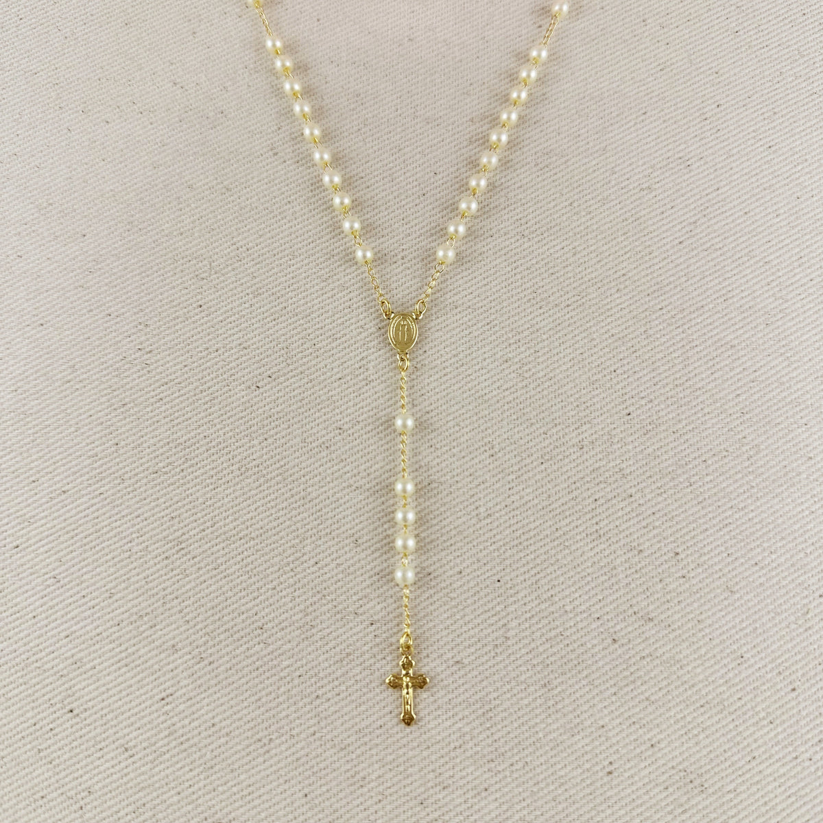 18k Gold Filled Our Lady of Graces Pearl Rosary Necklace