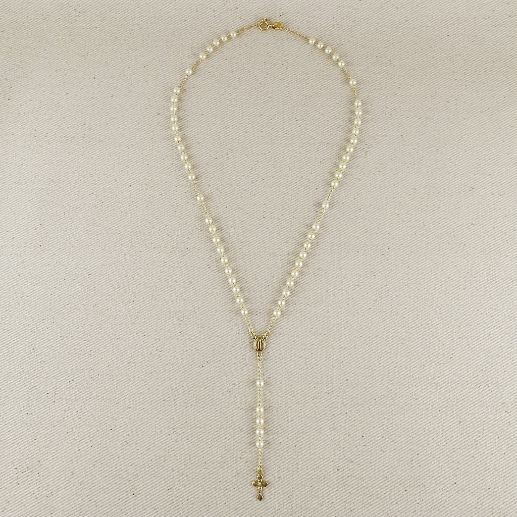 18k Gold Filled Our Lady of Graces Pearl Rosary Necklace