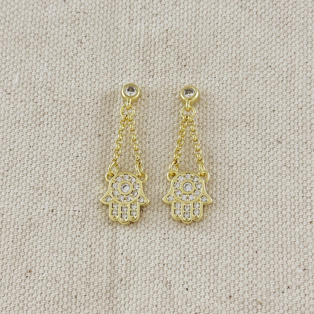 18k Gold Filled CZ Hamsa Dangling Earrings