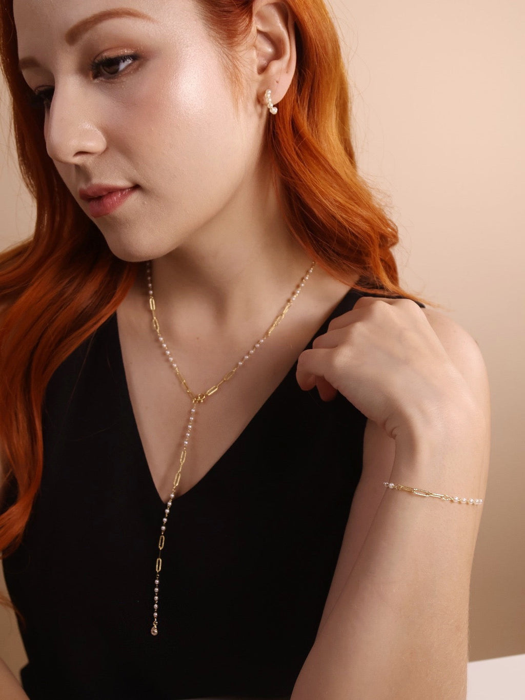 Mondsee 18k Gold Filled Diamond Cut Paperclip & Pearls Lariat Necklace | 18k Gold Filled Jewelry