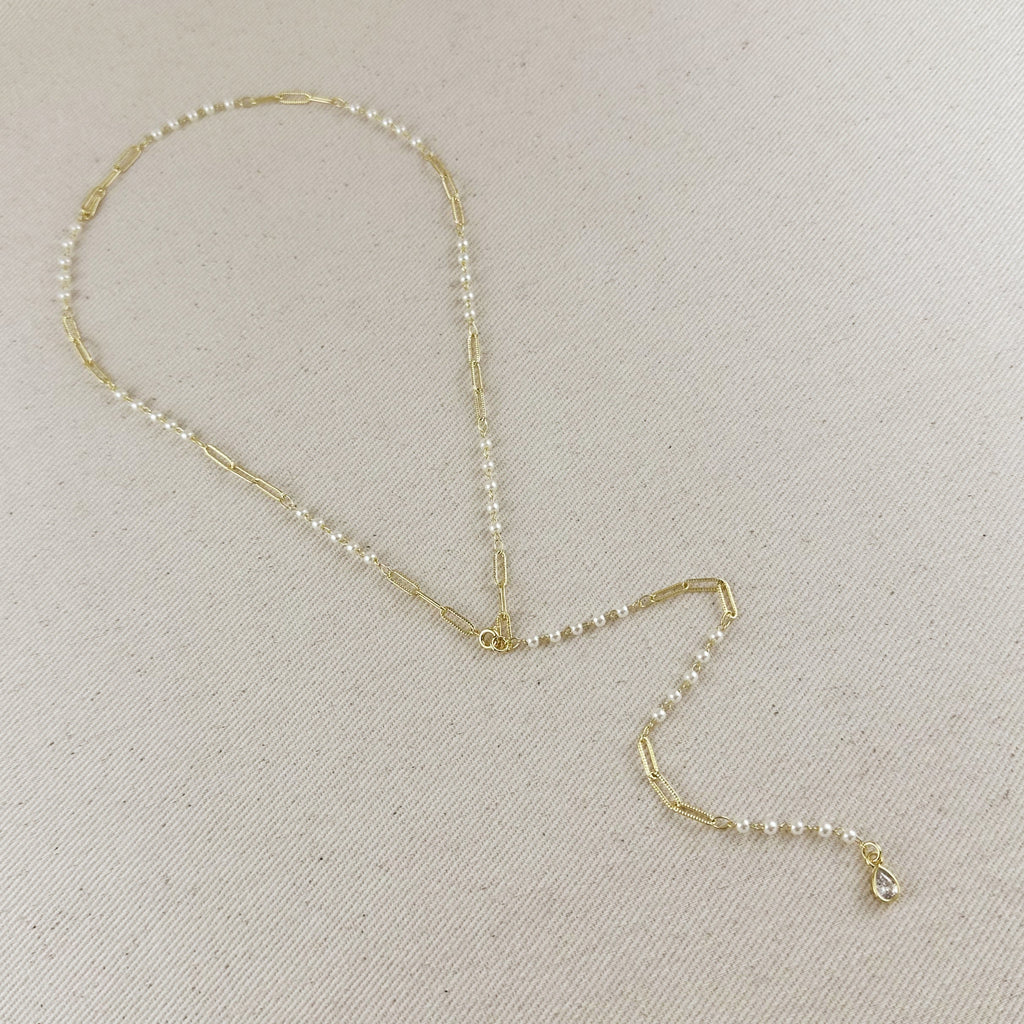 Mondsee 18k Gold Filled Diamond Cut Paperclip & Pearls Lariat Necklace | 18k Gold Filled Jewelry
